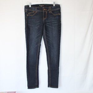 REWIND DARK DENIM JEANS SZ 7 JUNIORS SKINNY LEG STRETCH LIGHT WHISKERING